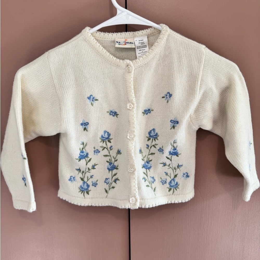 Vintage 24M  B.T Kids Cream Cardigan with Blue Floral Embroidery